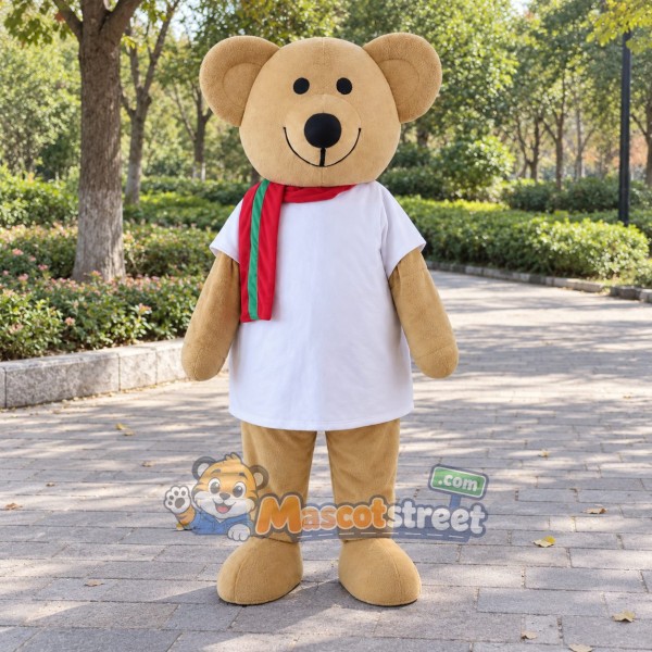 Tan Bear Mascot Costume with White Shirt and Striped Scarf