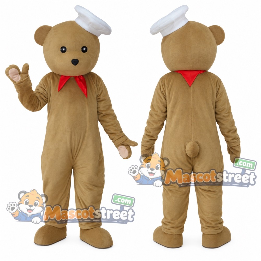 Tan Bear Mascot Costume with Chef Hat and Red Scarf Tan Bear Mascot Costume with Chef Hat and Red Scarf