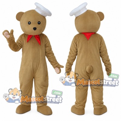 Tan Bear Mascot Costume with Chef Hat and Red Scarf Tan Bear Mascot Costume with Chef Hat and Red Scarf