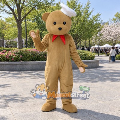 Tan Bear Mascot Costume with Chef Hat and Red Scarf Tan Bear Mascot Costume with Chef Hat and Red Scarf