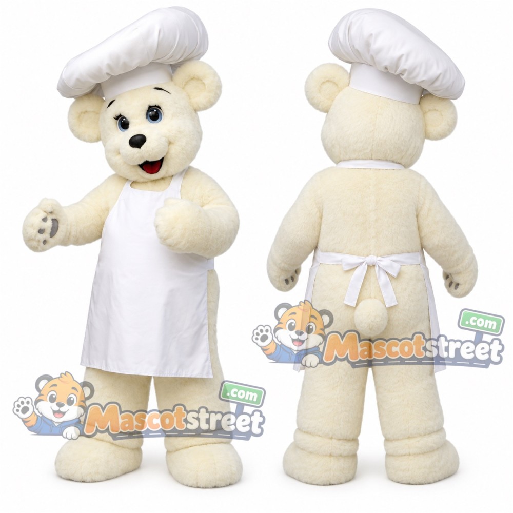 White Bear Mascot Costume with White Chef Apron and Hat White Bear Mascot Costume with White Chef Apron and Hat
