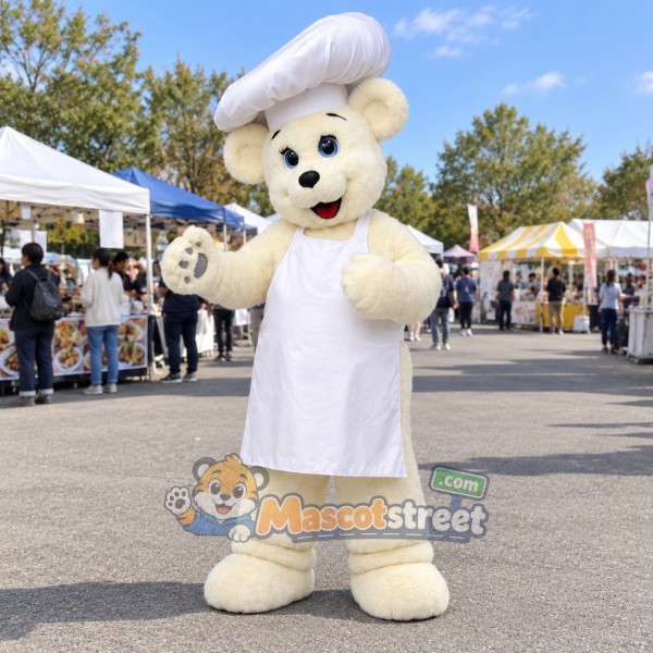White Bear Mascot Costume with White Chef Apron and Hat