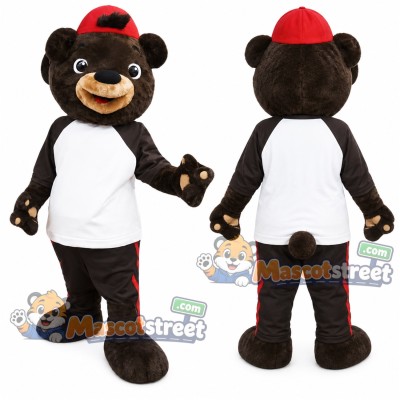 Black Bear Mascot Costume with White Shirt and Red Cap Black Bear Mascot Costume with White Shirt and Red Cap