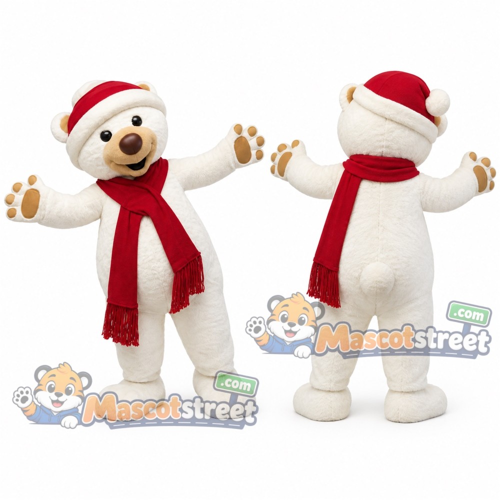 White Polar Bear Mascot Costume with Red Scarf and Santa Hat White Polar Bear Mascot Costume with Red Scarf and Santa Hat