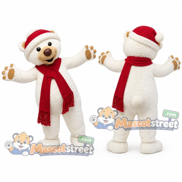 White Polar Bear Mascot Costume with Red Scarf and Santa Hat