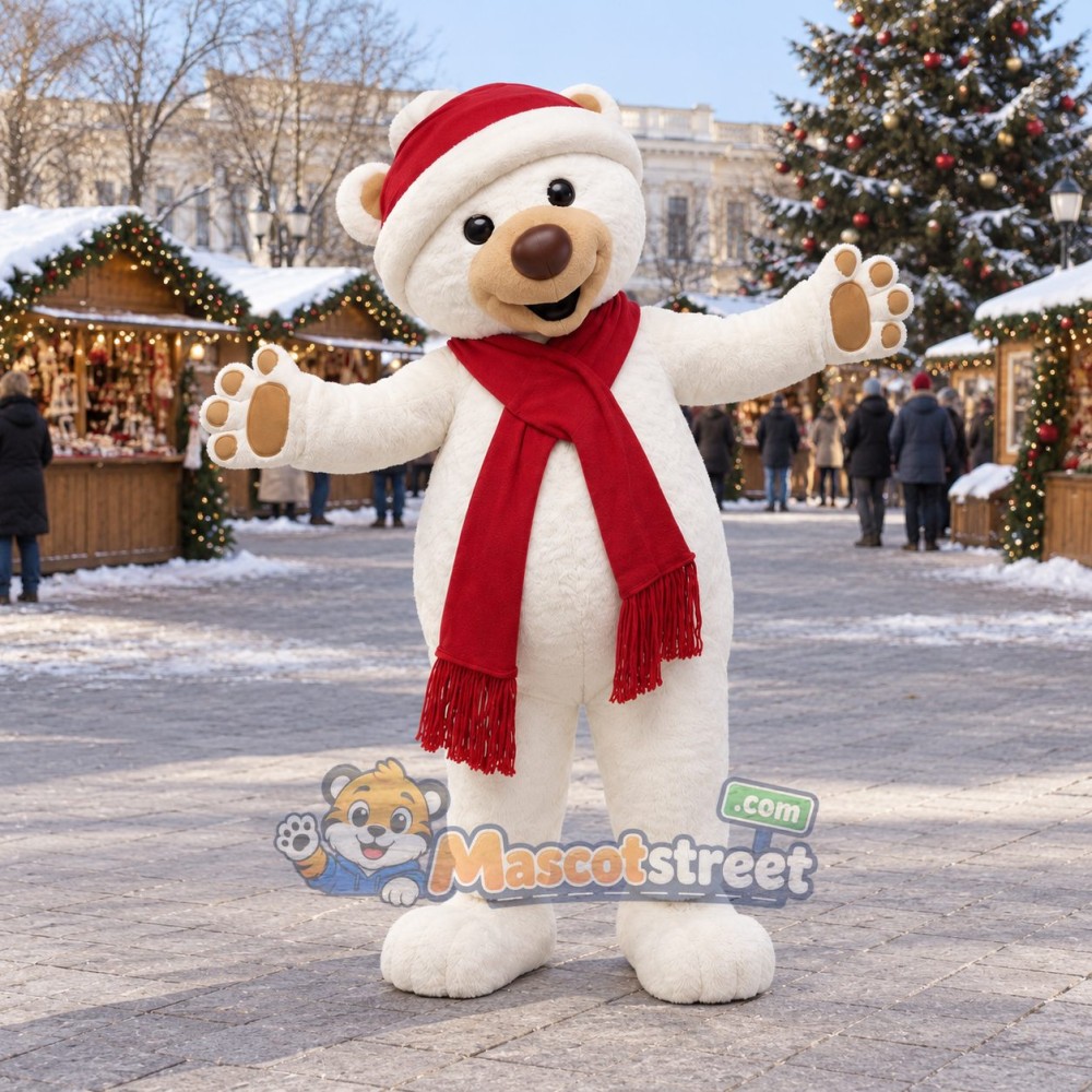 White Polar Bear Mascot Costume with Red Scarf and Santa Hat White Polar Bear Mascot Costume with Red Scarf and Santa Hat