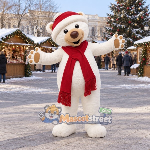 White Polar Bear Mascot Costume with Red Scarf and Santa Hat