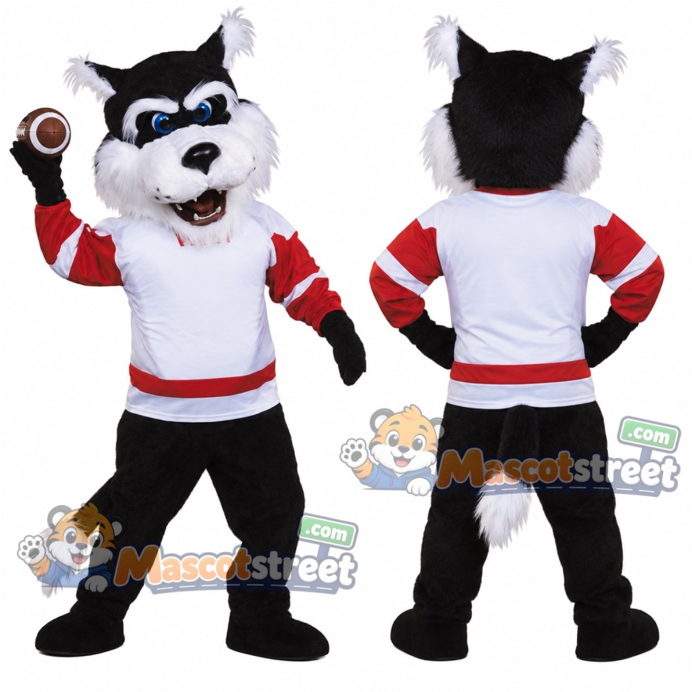 Black and White Wolf Mascot Costume with White and Red Hockey Shirt Black and White Wolf Mascot Costume with White and Red Hockey Shirt