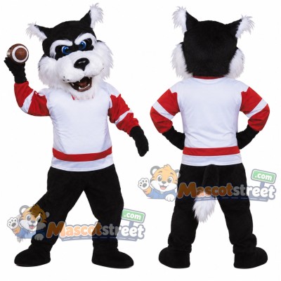 Black and White Wolf Mascot Costume with White and Red Hockey Shirt Black and White Wolf Mascot Costume with White and Red Hockey Shirt