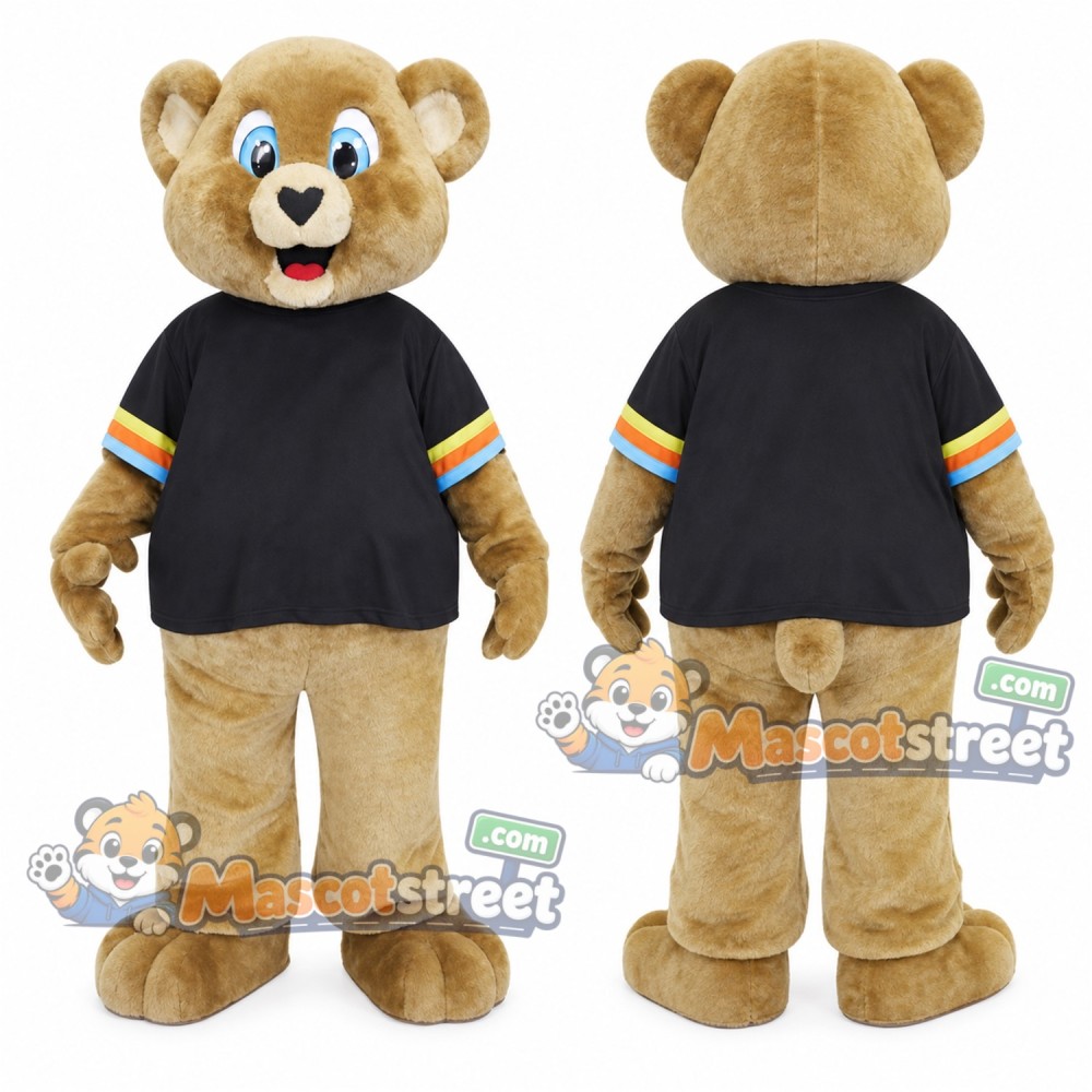 Tan Bear Mascot Costume with Black Shirt