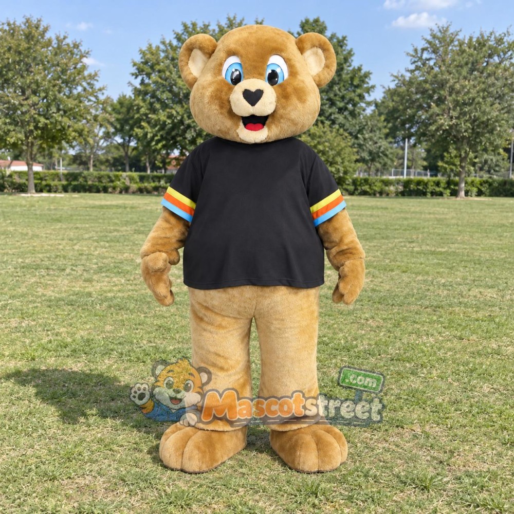 Tan Bear Mascot Costume with Black Shirt Tan Bear Mascot Costume with Black Shirt