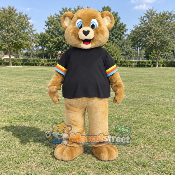 Tan Bear Mascot Costume with Black Shirt