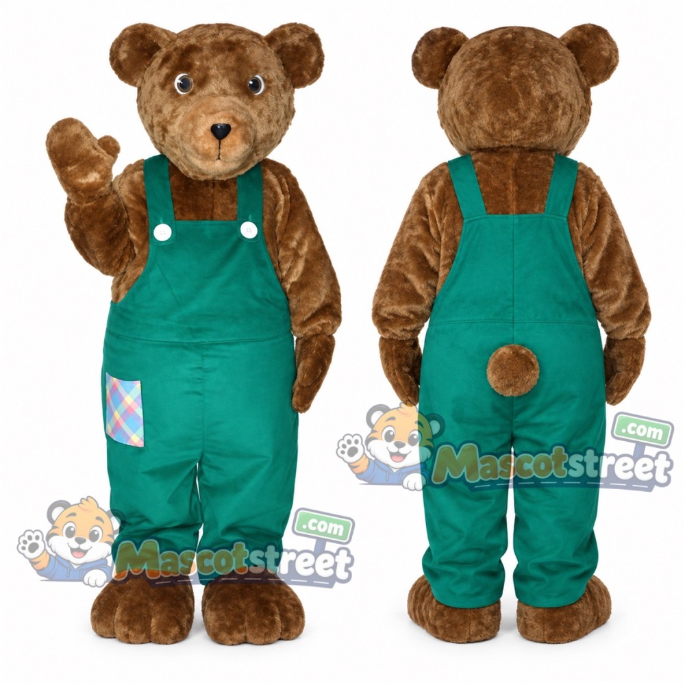 Brown Bear Mascot Costume with Green Overalls Brown Bear Mascot Costume with Green Overalls