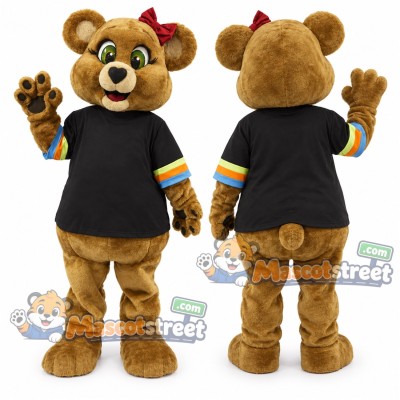 Brown Bear Mascot Costume with Black Shirt and Red Bow Brown Bear Mascot Costume with Black Shirt and Red Bow