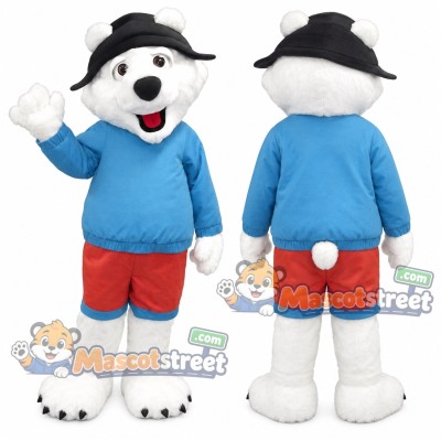 White Polar Bear Mascot Costume with Blue Shirt, Red Shorts and Black Hat White Polar Bear Mascot Costume with Blue Shirt, Red Shorts and Black Hat