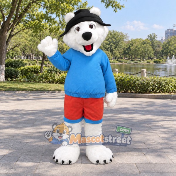 White Polar Bear Mascot Costume with Blue Shirt, Red Shorts and Black Hat