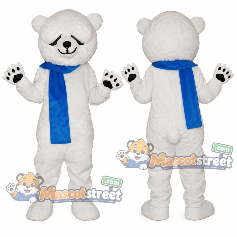 White Polar Bear Mascot Costume with Blue Scarf