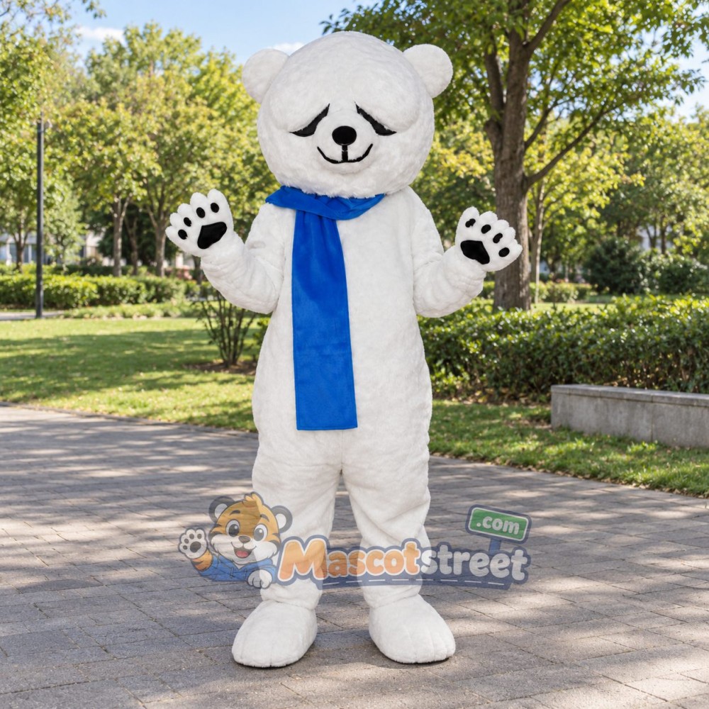 White Polar Bear Mascot Costume with Blue Scarf White Polar Bear Mascot Costume with Blue Scarf