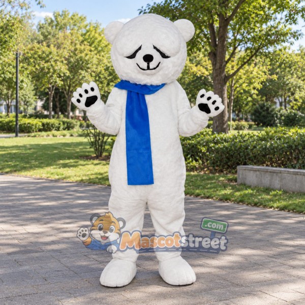 White Polar Bear Mascot Costume with Blue Scarf