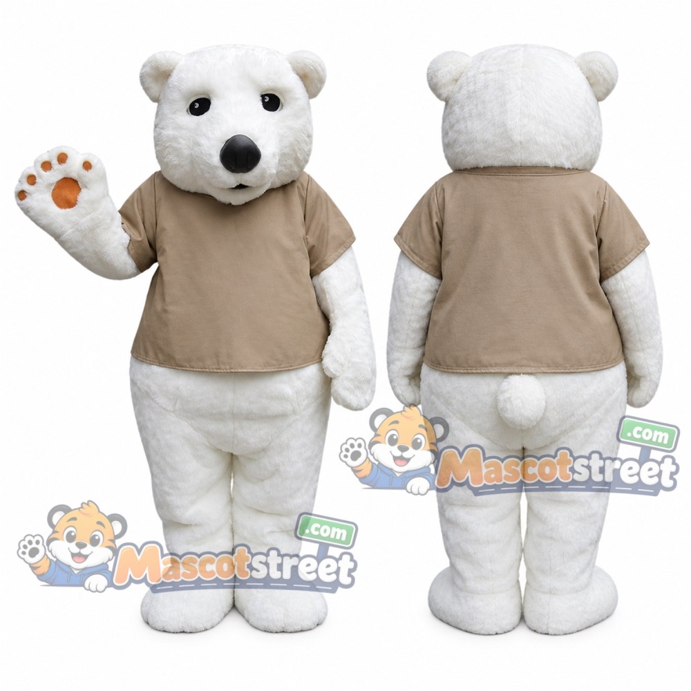 White Polar Bear Mascot Costume with Tan Shirt White Polar Bear Mascot Costume with Tan Shirt