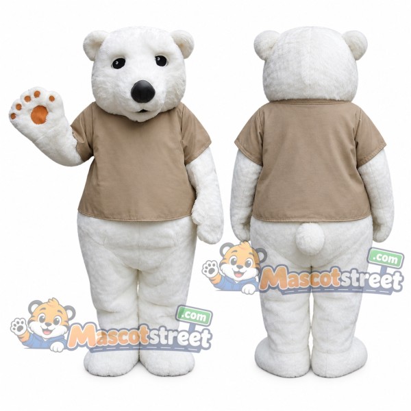 White Polar Bear Mascot Costume with Tan Shirt