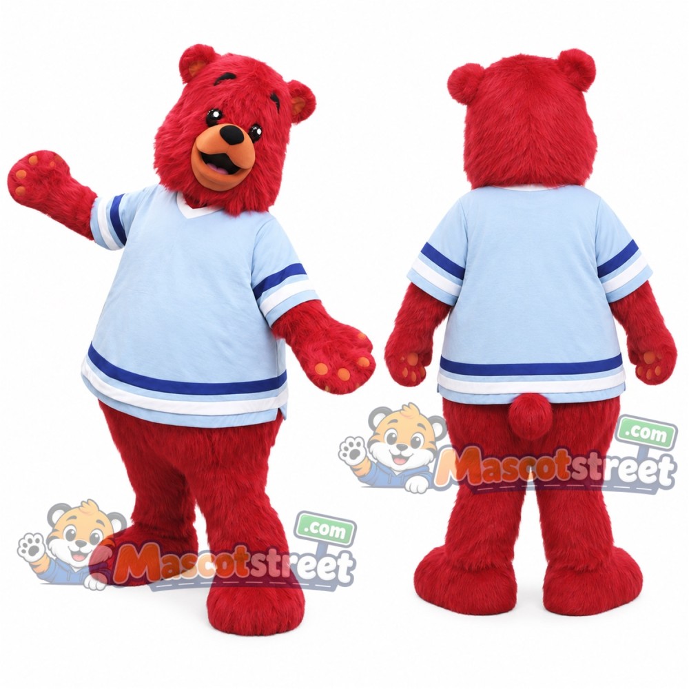 Red Bear Mascot Costume with White and Blue Shirt