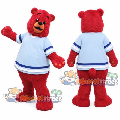 Red Bear Mascot Costume with White and Blue Shirt