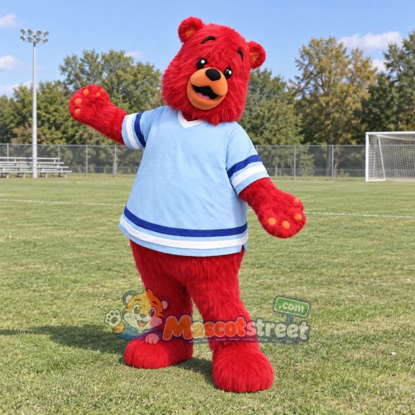 Red Bear Mascot Costume with White and Blue Shirt