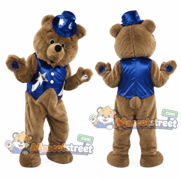 Brown Bear Mascot Costume with Blue Vest and Blue Hat