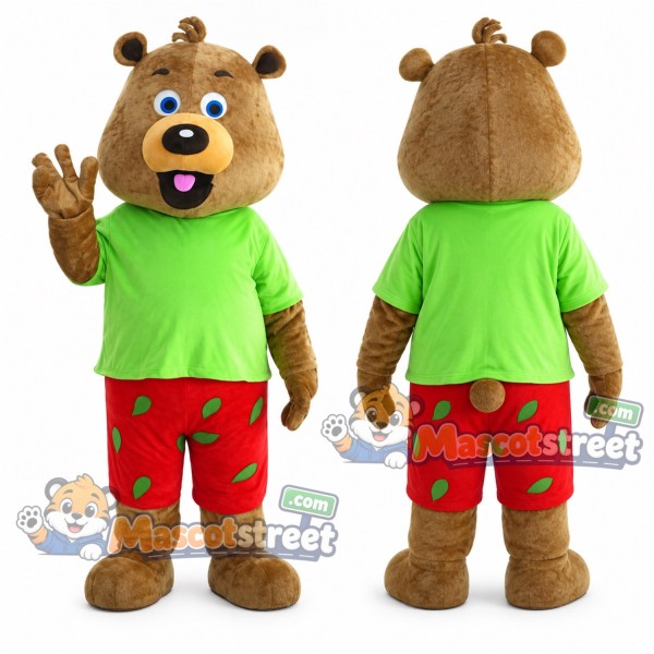 Brown Bear Mascot Costume with Green Shirt and Red Shorts
