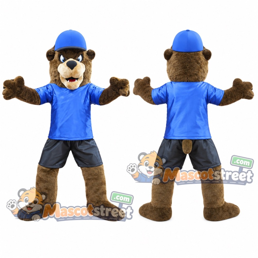 Brown Bear Mascot Costume with Blue Shirt, Black Shorts and Blue Cap Brown Bear Mascot Costume with Blue Shirt, Black Shorts and Blue Cap