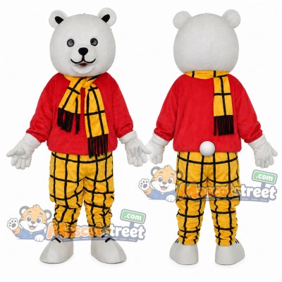 White Bear Mascot Costume with Red Jacket, Yellow Plaid Trousers and Scarf White Bear Mascot Costume with Red Jacket, Yellow Plaid Trousers and Scarf