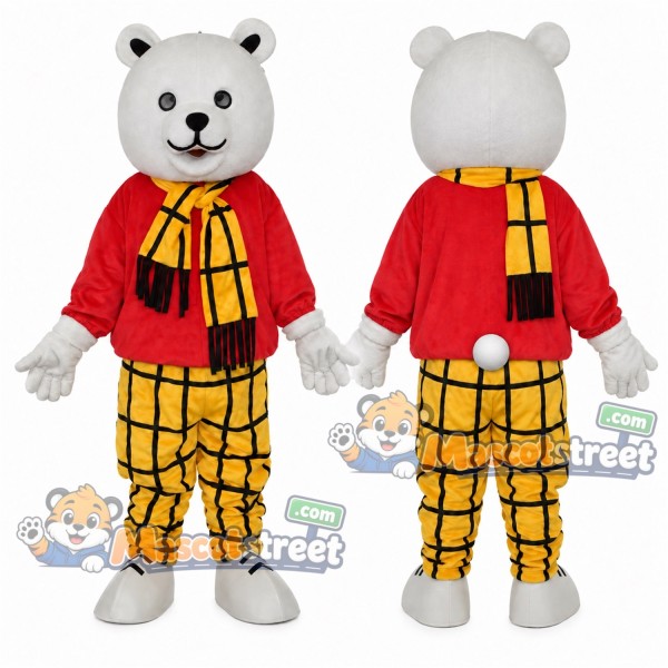 White Bear Mascot Costume with Red Jacket, Yellow Plaid Trousers and Scarf