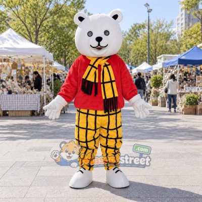 White Bear Mascot Costume with Red Jacket, Yellow Plaid Trousers and Scarf