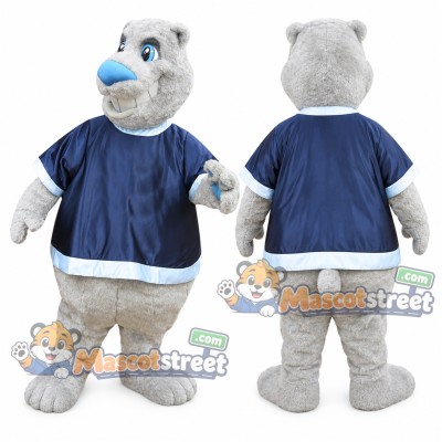 Gray Bear Mascot Costume with Navy Shirt Gray Bear Mascot Costume with Navy Shirt