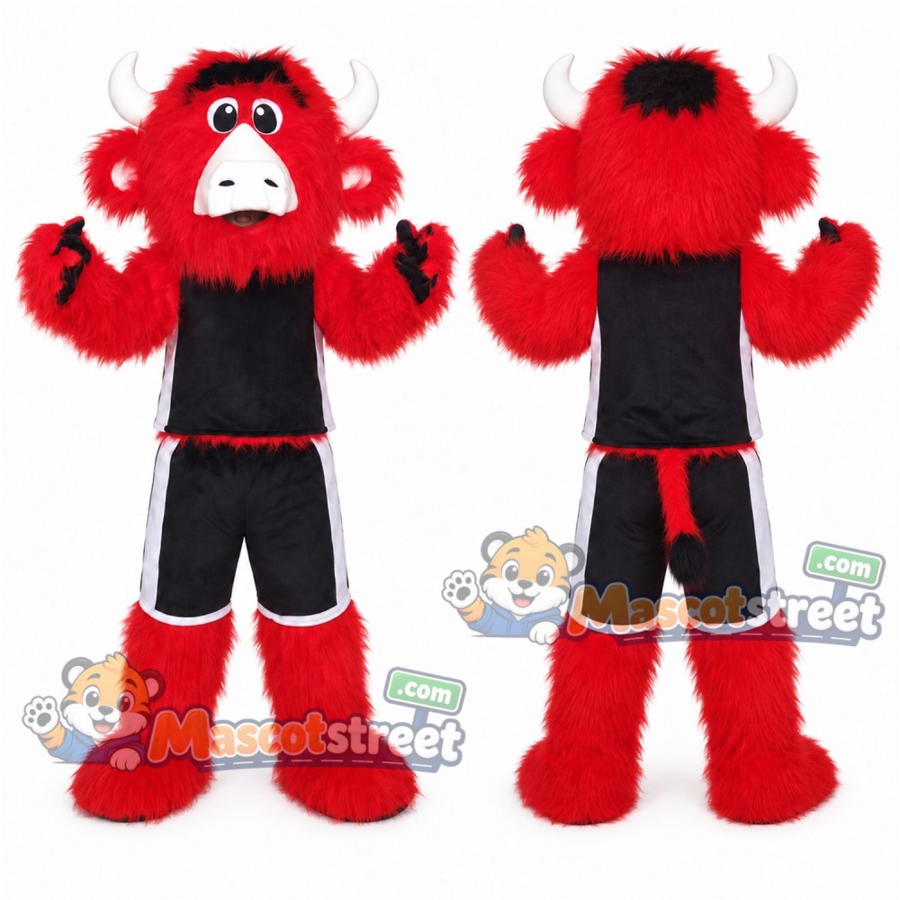 Red Bull Mascot Costume with Black Sports Uniform Red Bull Mascot Costume with Black Sports Uniform