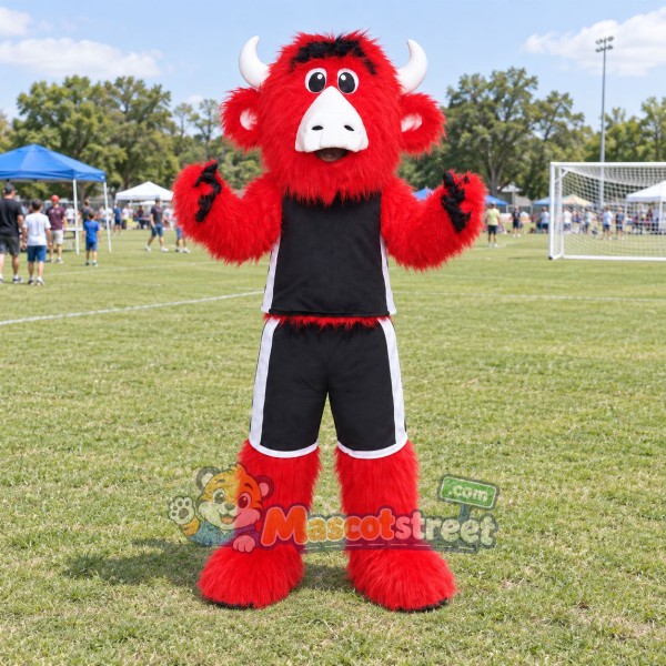 Red Bull Mascot Costume with Black Sports Uniform
