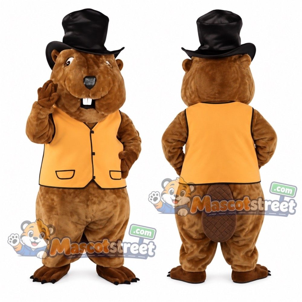Brown Beaver Mascot Costume with Orange Vest and Black Hat Brown Beaver Mascot Costume with Orange Vest and Black Hat
