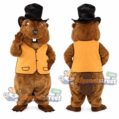 Brown Beaver Mascot Costume with Orange Vest and Black Hat Brown Beaver Mascot Costume with Orange Vest and Black Hat