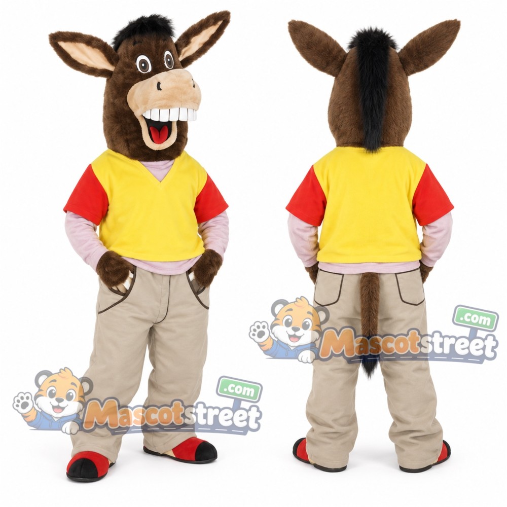 Brown Donkey Mascot Costume with Yellow Shirt and Tan Trousers Brown Donkey Mascot Costume with Yellow Shirt and Tan Trousers
