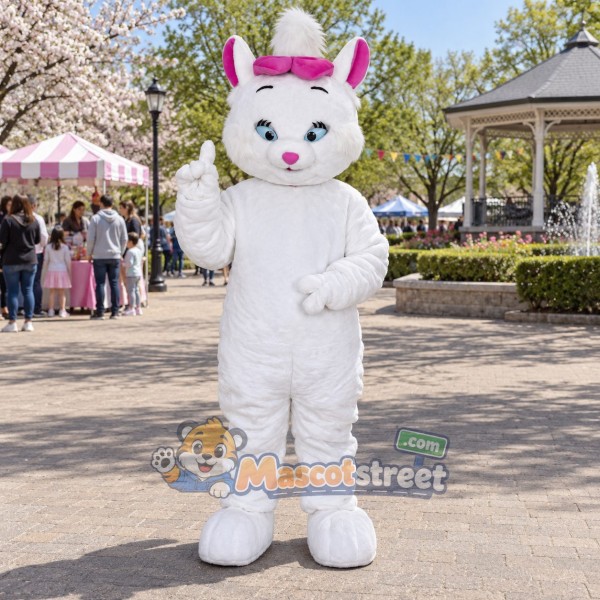 White Cat Mascot Costume with Pink Bow
