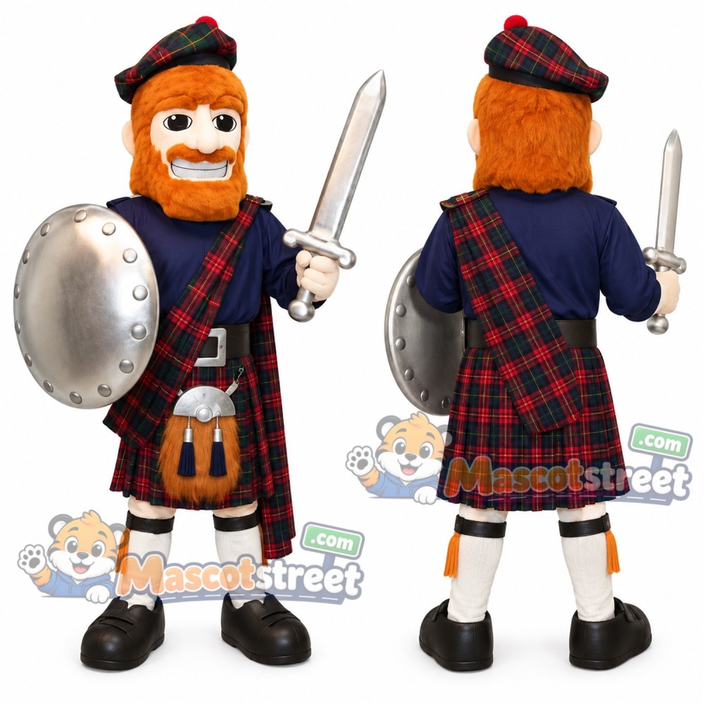 Highlander Mascot Costume with Navy Shirt, Tartan Kilt and Hat
