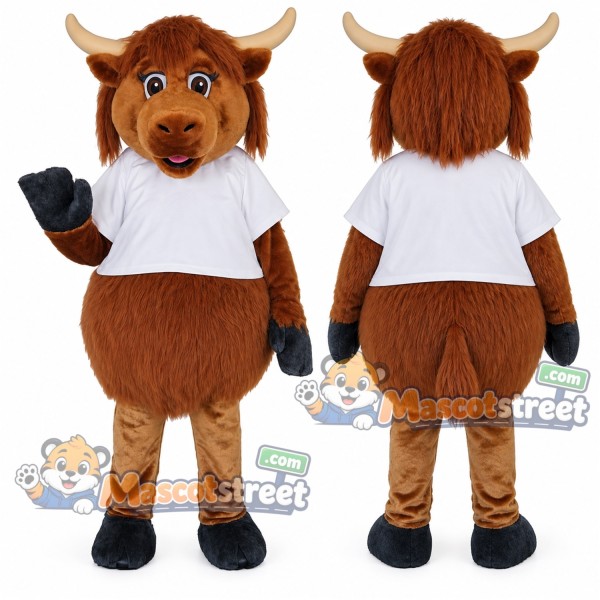 Brown Highland Cow Mascot Costume with White Shirt