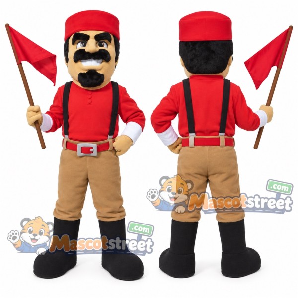 Pioneer Mascot Costume with Red Shirt, Tan Trousers and Red Cap