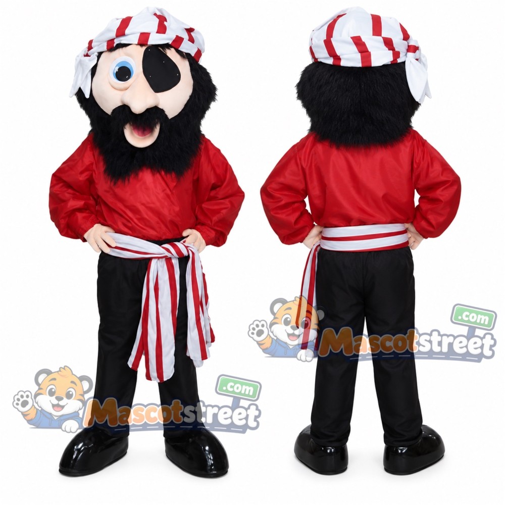Pirate Mascot Costume with Red Shirt, Black Trousers and Striped Bandana Pirate Mascot Costume with Red Shirt, Black Trousers and Striped Bandana