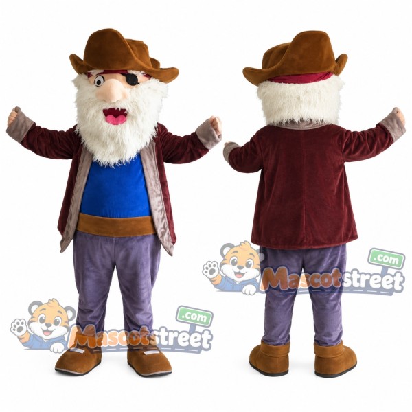 Pirate Mascot Costume with Burgundy Coat, Blue Shirt, Gray Trousers and Brown Hat