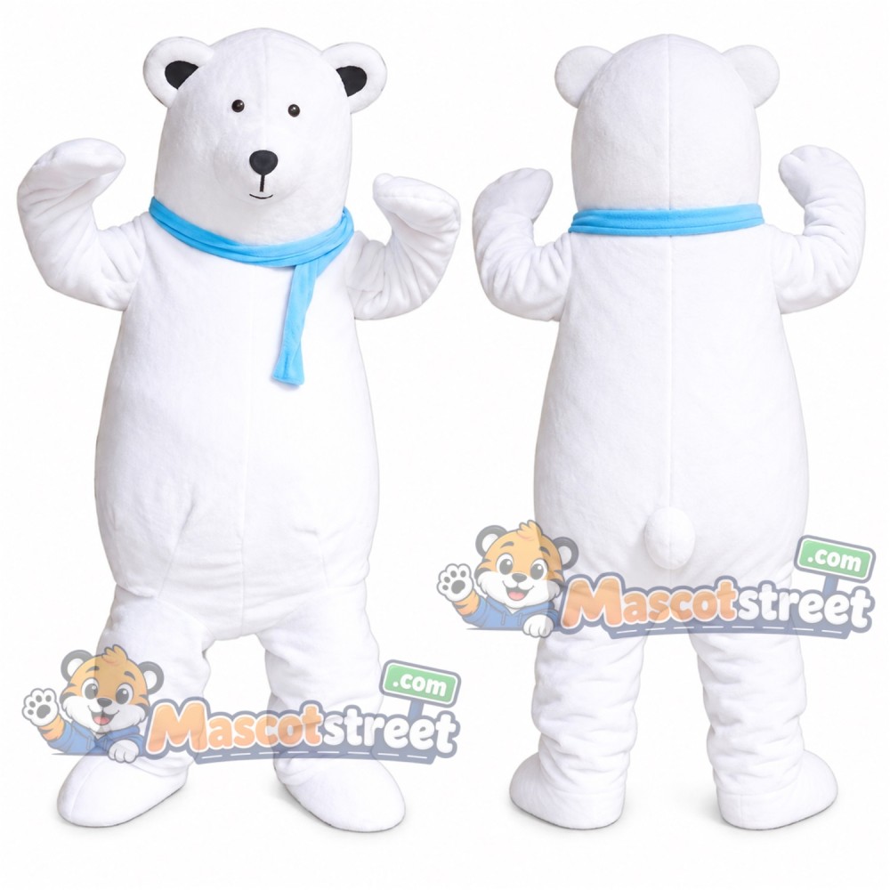 White Polar Bear Mascot Costume with Blue Scarf