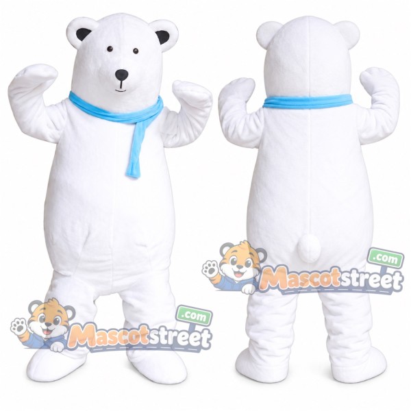 White Polar Bear Mascot Costume with Blue Scarf