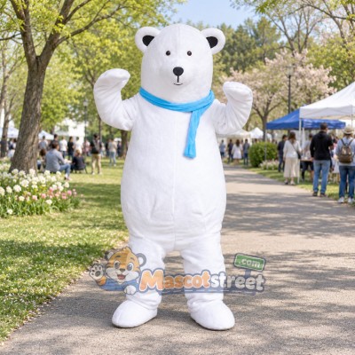 White Polar Bear Mascot Costume with Blue Scarf White Polar Bear Mascot Costume with Blue Scarf
