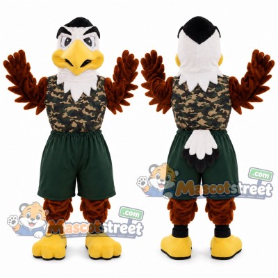Bald Eagle Mascot Costume with Camouflage Vest and Green Shorts